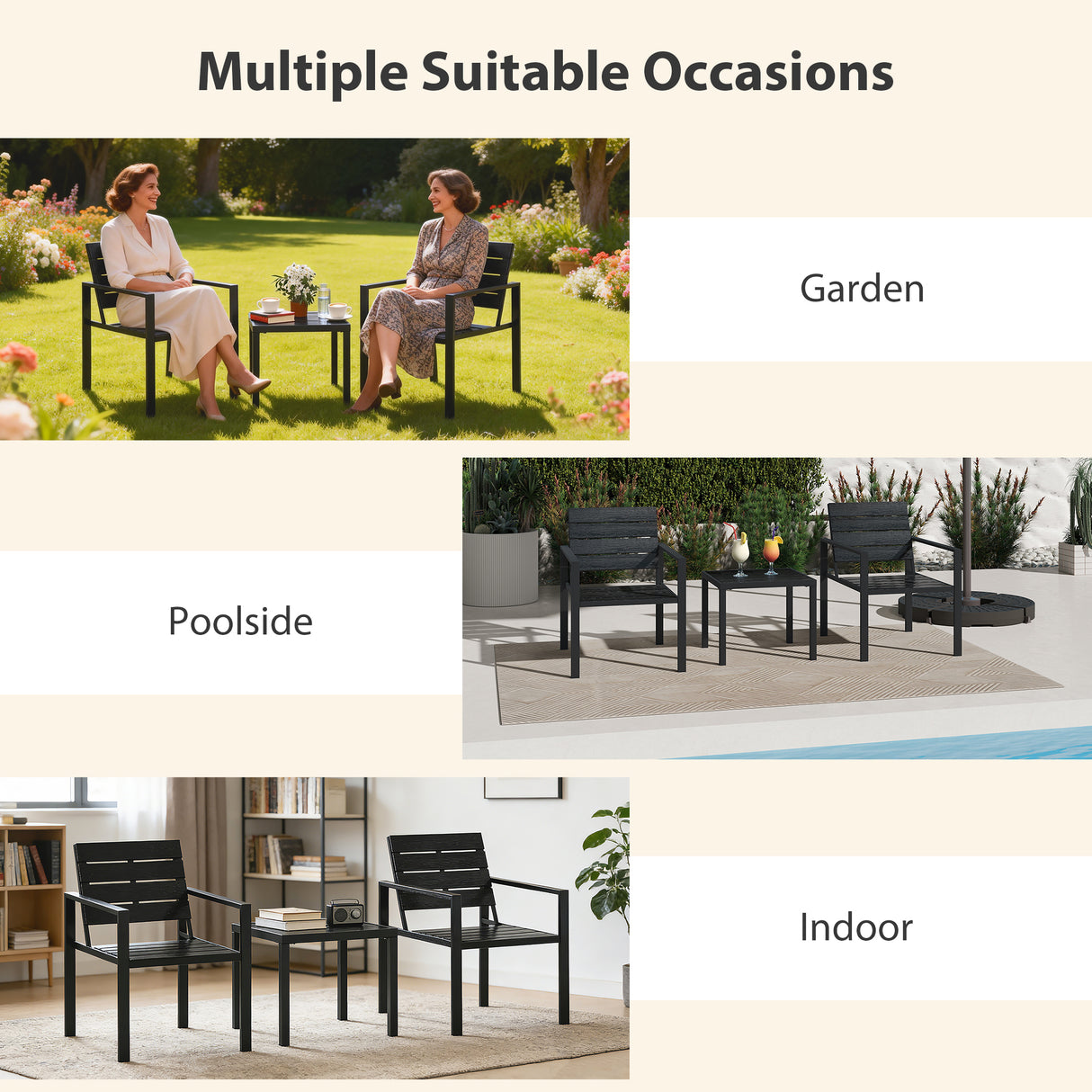 HDPE 3 Pieces Garden Bistro Set With Steel Frame - Velmora