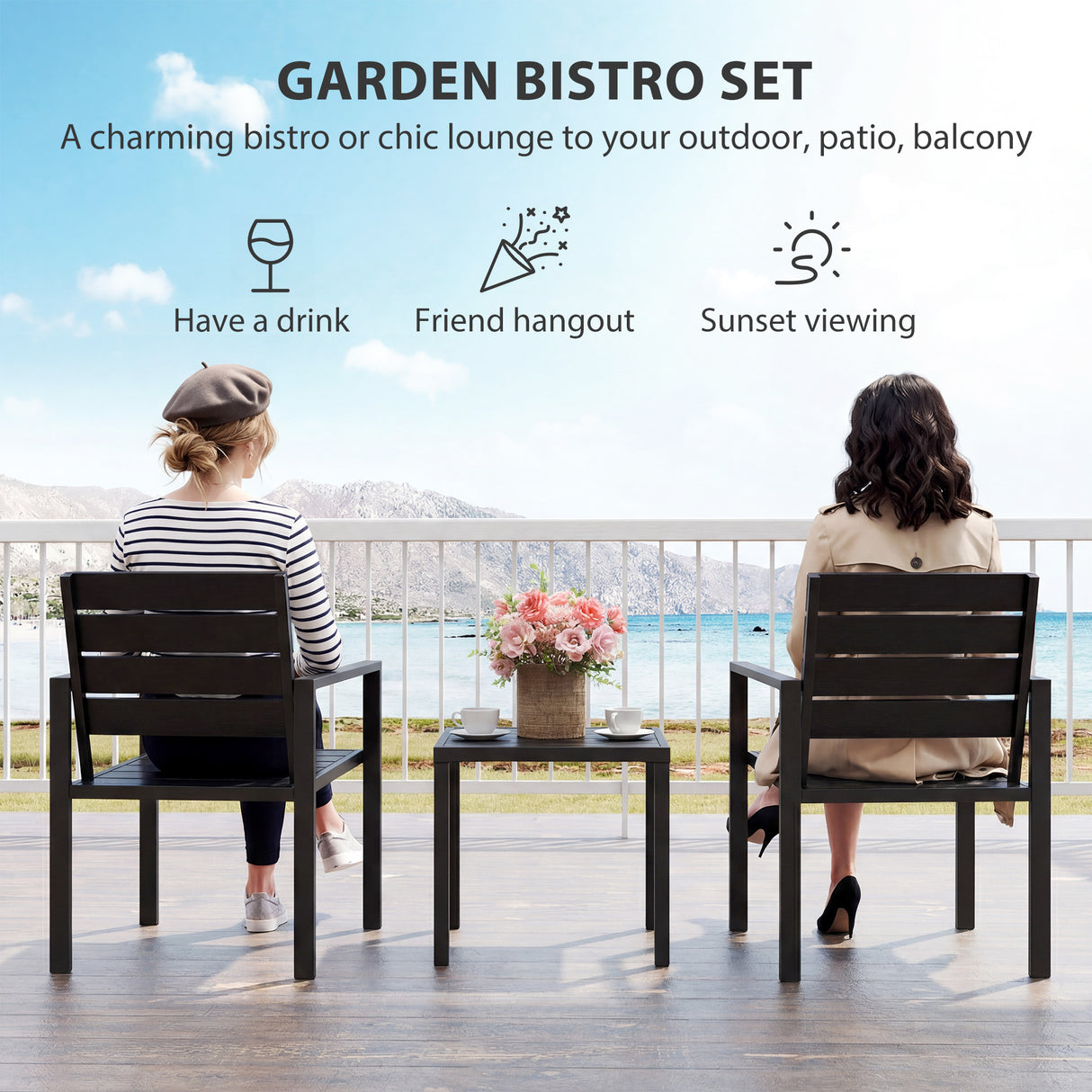 HDPE 3 Pieces Garden Bistro Set With Steel Frame - Velmora