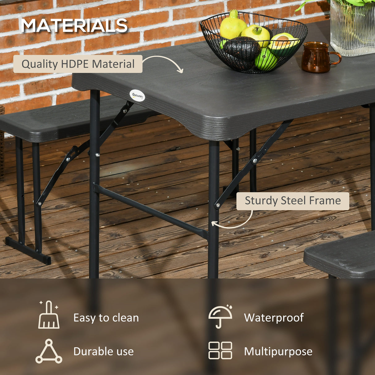 HDPE Folding Picnic Garden Dining Set With 2 Benches - Velmora