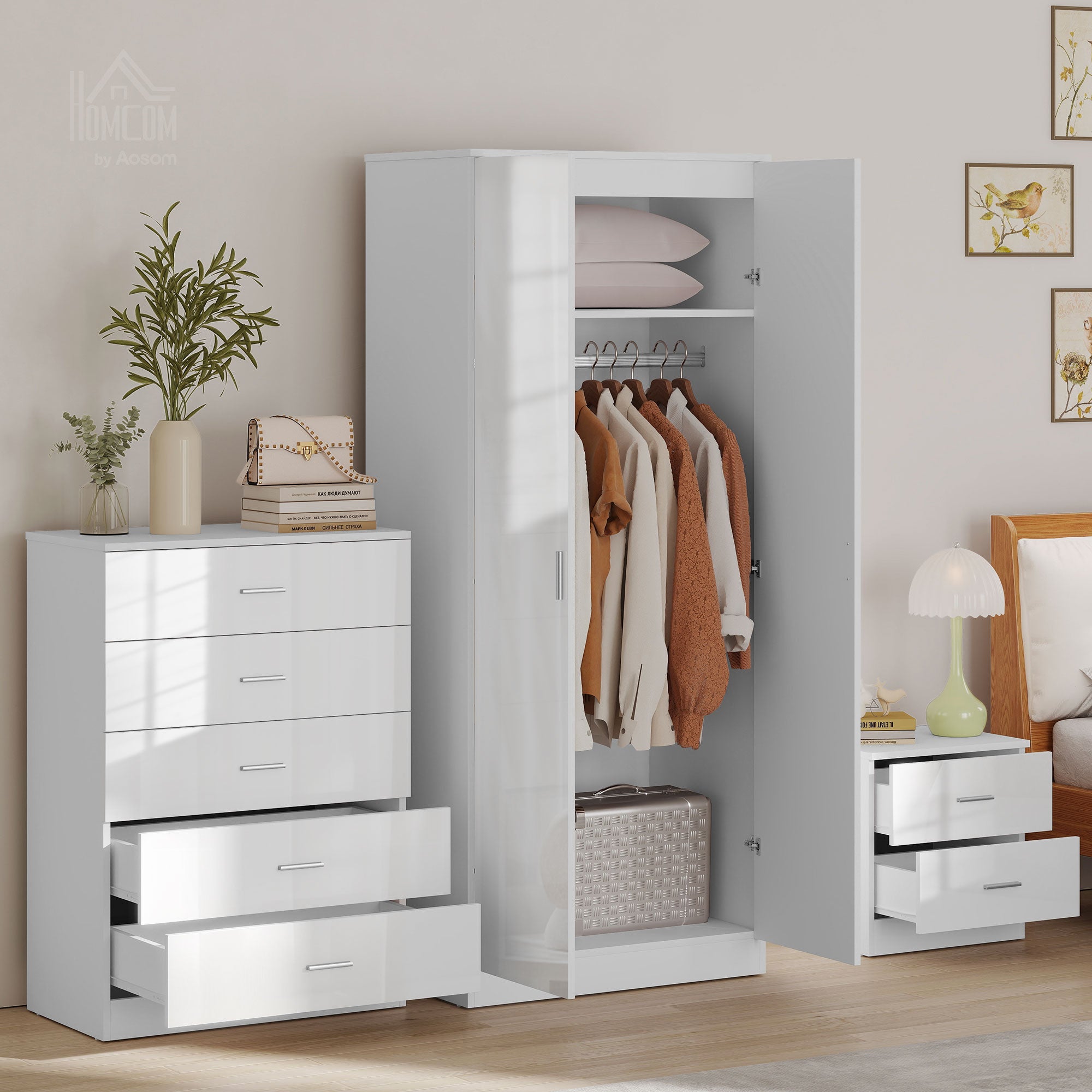High Gloss 3 Piece Bedroom Furniture Set With 2 Doors Wardrobe - Velmora