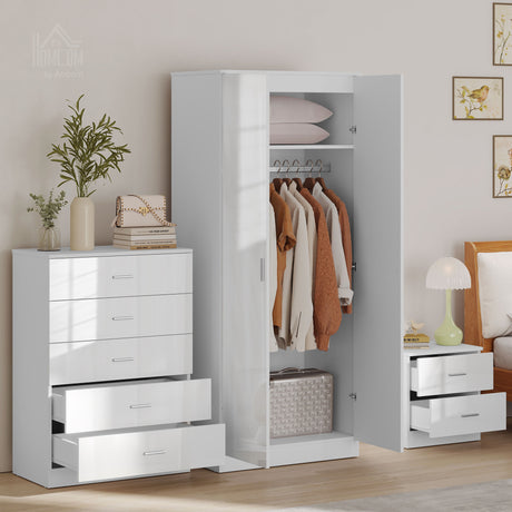 High Gloss 3 Piece Bedroom Furniture Set With 2 Doors Wardrobe - Velmora