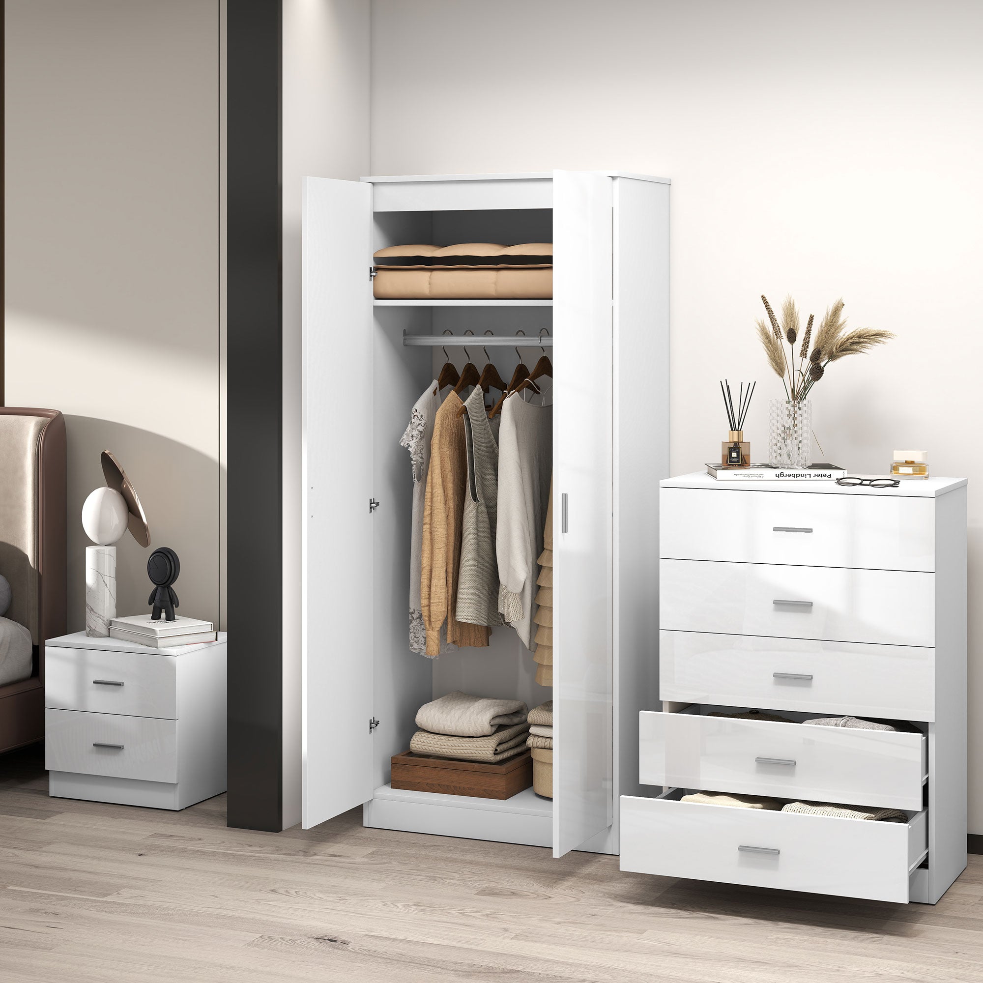 High Gloss 3 Piece Bedroom Furniture Set With 2 Doors Wardrobe - Velmora