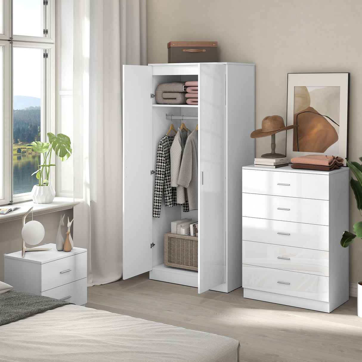 High Gloss 3 Piece Bedroom Furniture Set With 2 Doors Wardrobe - Velmora