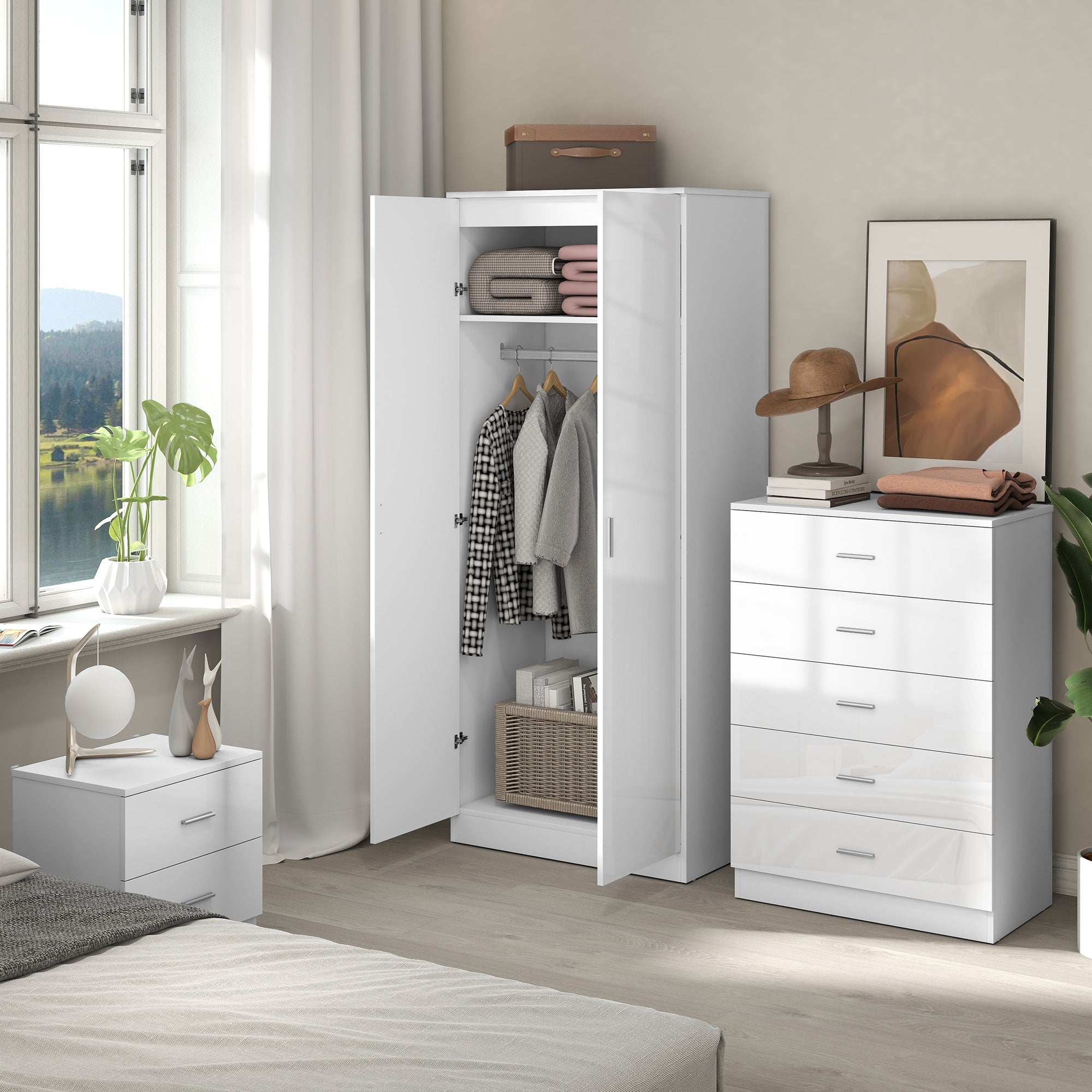 High Gloss 3 Piece Bedroom Furniture Set With 2 Doors Wardrobe - Velmora