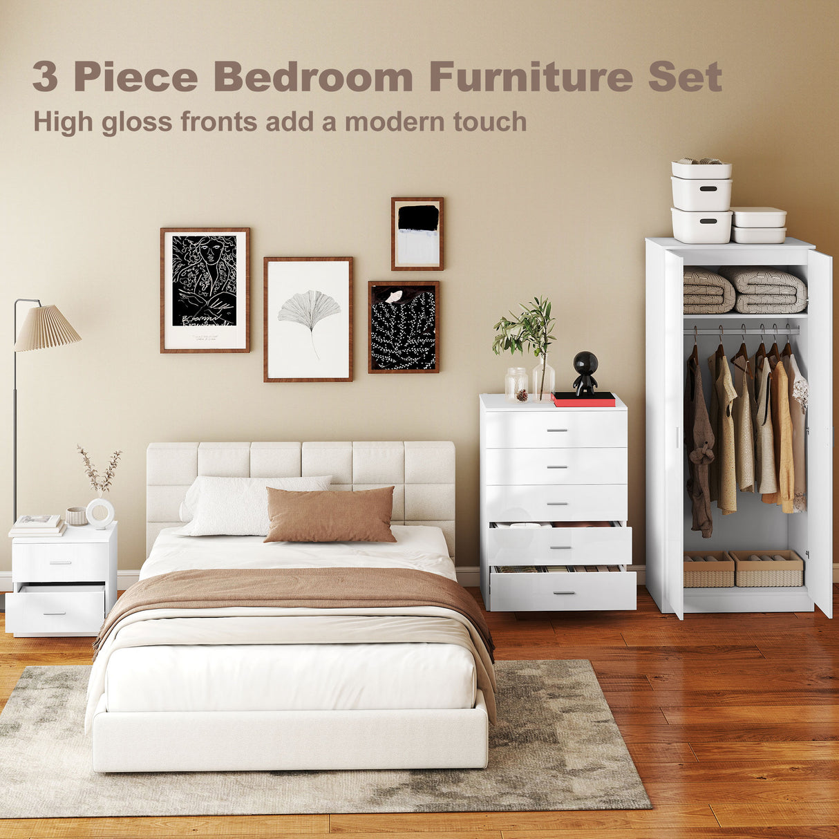 High Gloss 3 Piece Bedroom Furniture Set With 2 Doors Wardrobe - Velmora