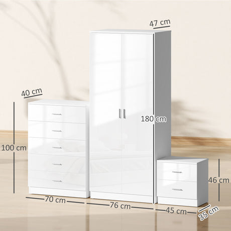 High Gloss 3 Piece Bedroom Furniture Set With 2 Doors Wardrobe - Velmora