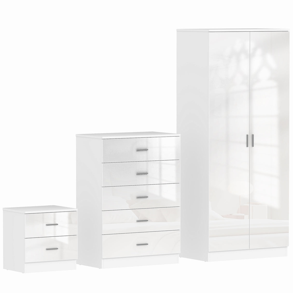 High Gloss 3 Piece Bedroom Furniture Set With 2 Doors Wardrobe - Velmora