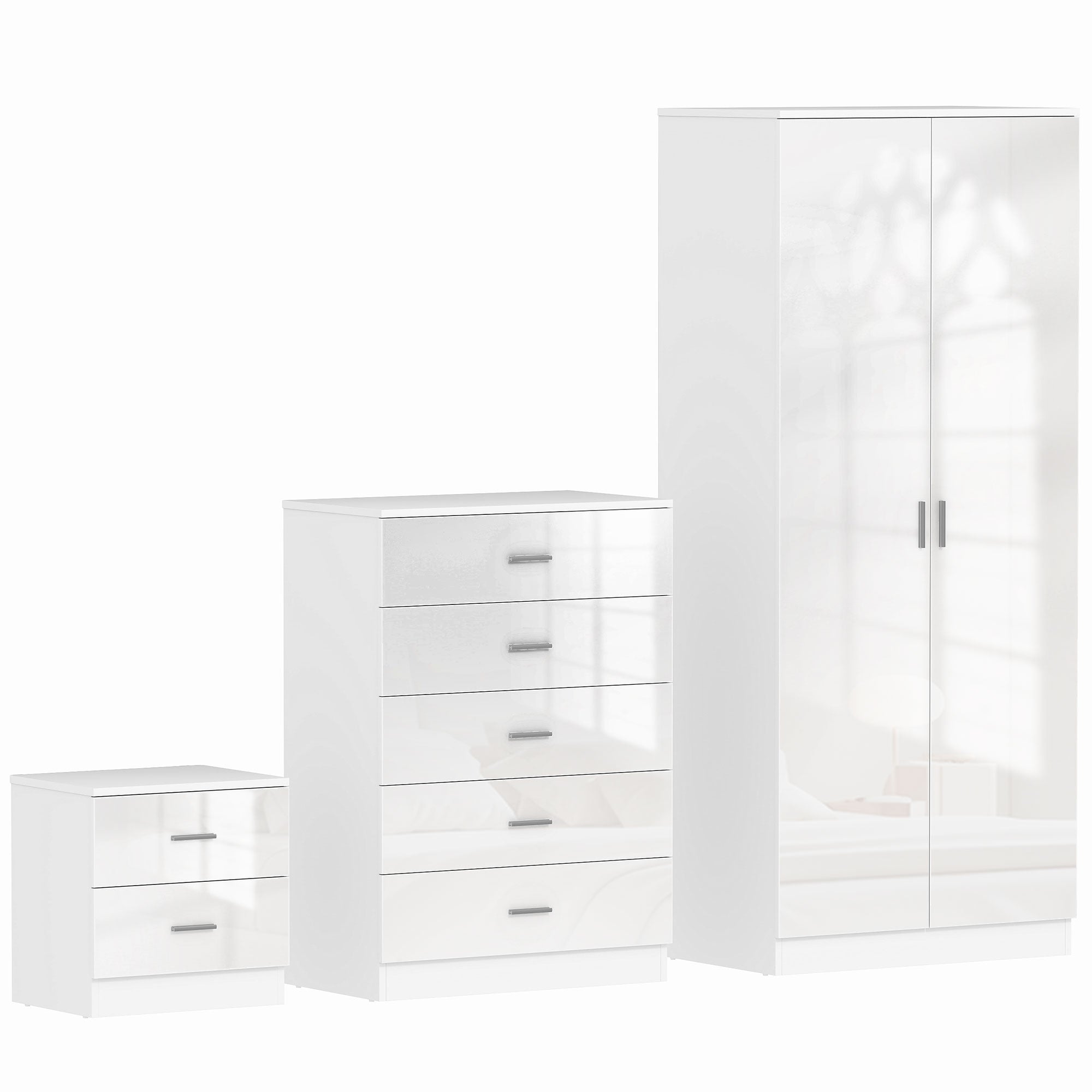 High Gloss 3 Piece Bedroom Furniture Set With 2 Doors Wardrobe - Velmora