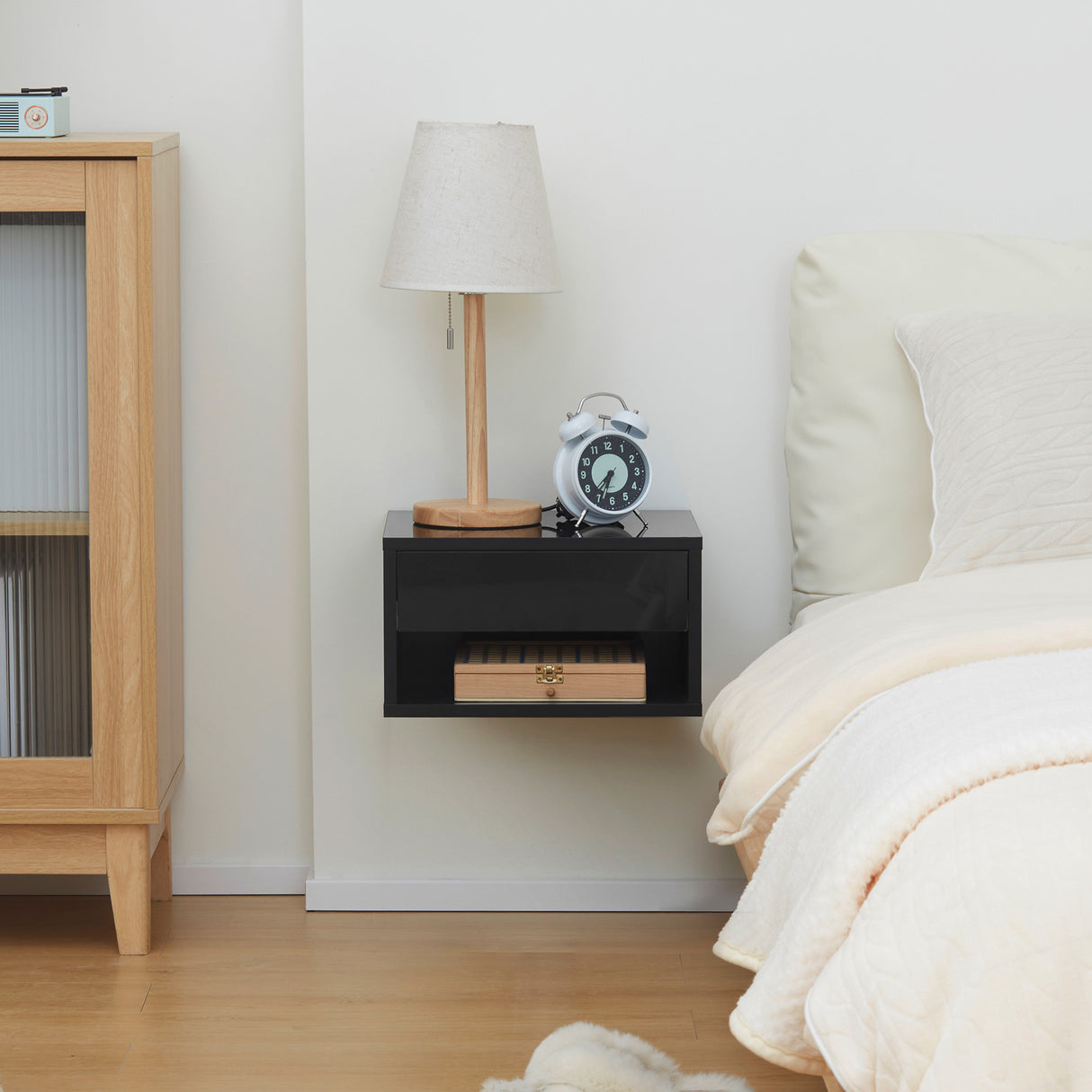 High Gloss Bedside Cabinet 37cm Wide Wall Hung With 1 Drawer in Set Of 2 - Velmora