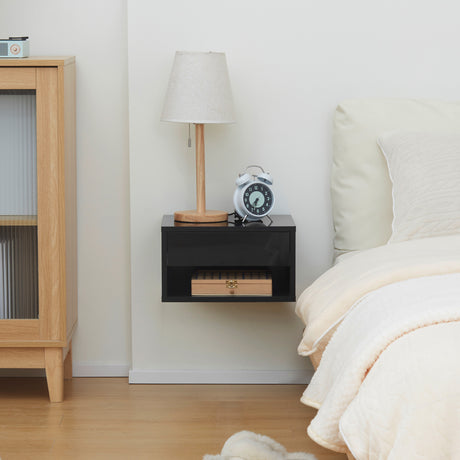 High Gloss Bedside Cabinet 37cm Wide Wall Hung With 1 Drawer in Set Of 2 - Velmora
