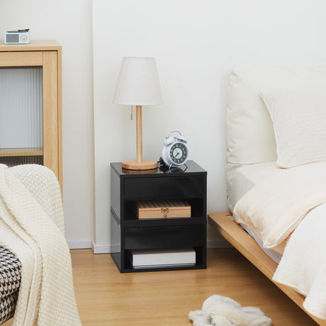High Gloss Bedside Cabinet 37cm Wide Wall Hung With 1 Drawer in Set Of 2 - Velmora