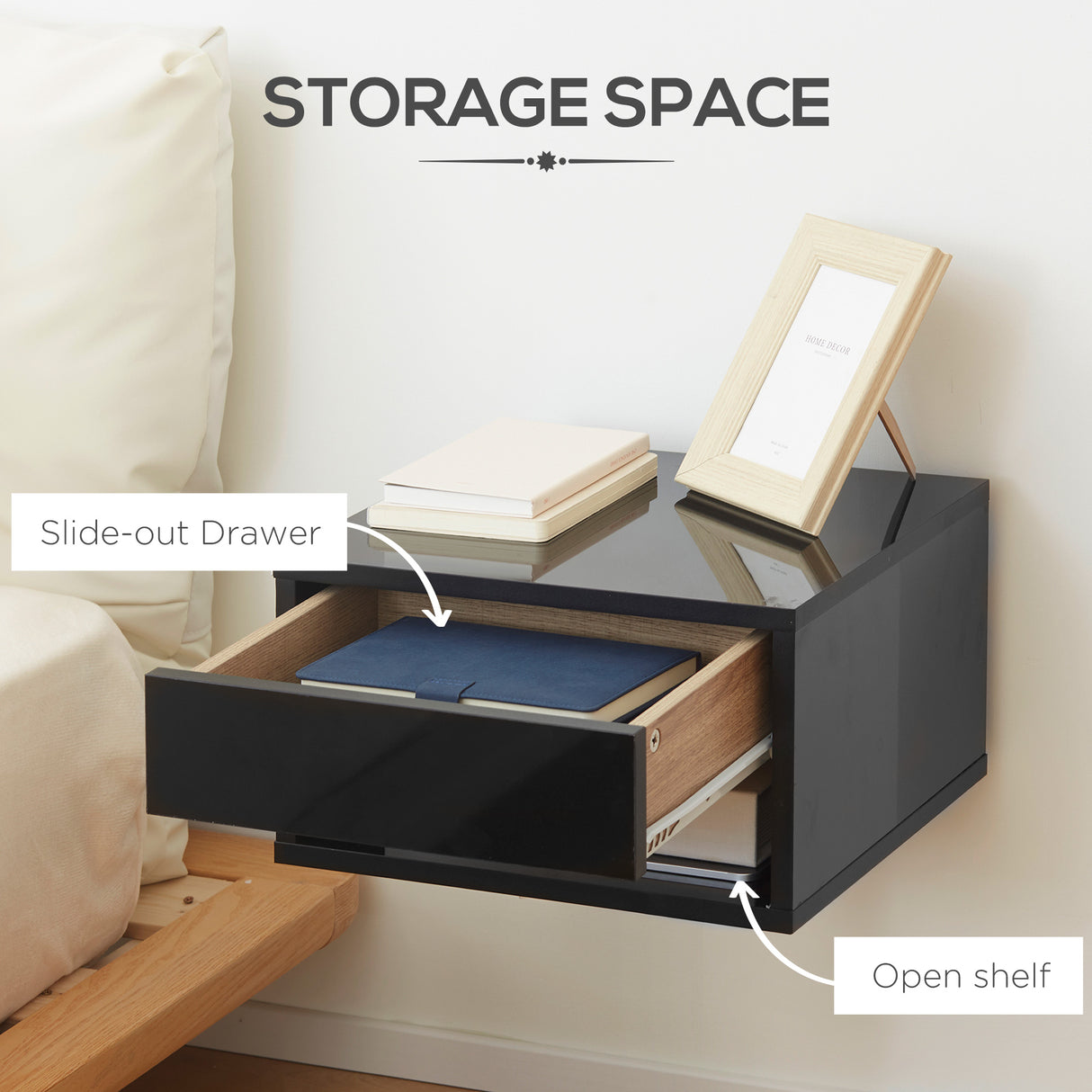 High Gloss Bedside Cabinet 37cm Wide Wall Hung With 1 Drawer in Set Of 2 - Velmora