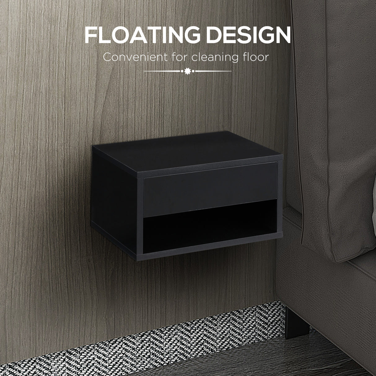 High Gloss Bedside Cabinet 37cm Wide Wall Hung With 1 Drawer in Set Of 2 - Velmora