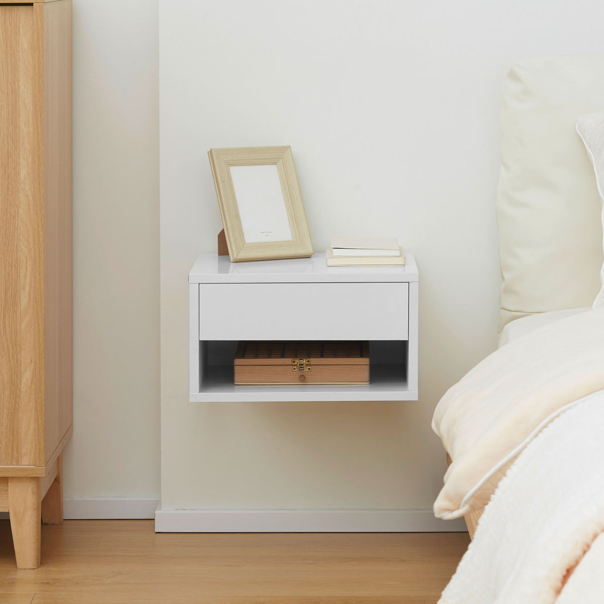 High Gloss Bedside Cabinet 37cm Wide Wall Hung With 1 Drawer in Set Of 2 - Velmora