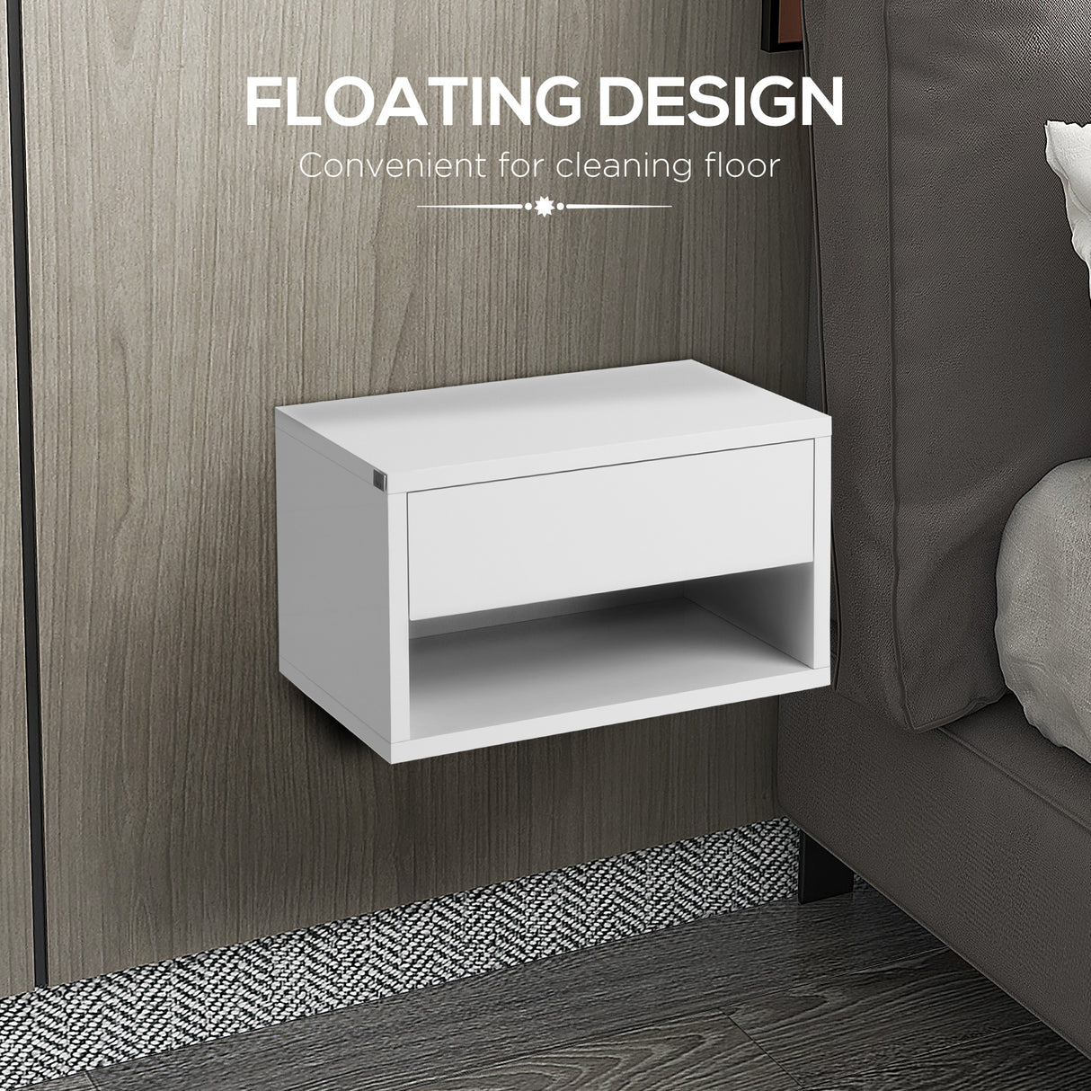 High Gloss Bedside Cabinet 37cm Wide Wall Hung With 1 Drawer in Set Of 2 - Velmora