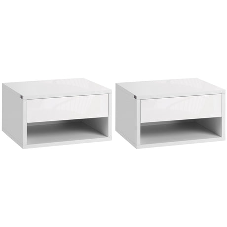 High Gloss Bedside Cabinet 37cm Wide Wall Hung With 1 Drawer in Set Of 2 - Velmora