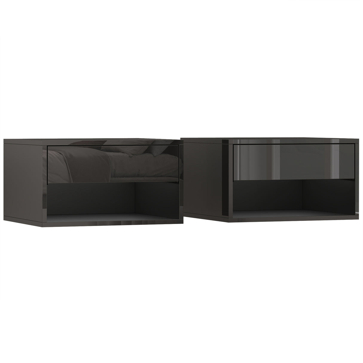 High Gloss Bedside Cabinet 37cm Wide Wall Mounted With 1 Drawer in Set Of 2 - Velmora