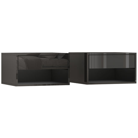 High Gloss Bedside Cabinet 37cm Wide Wall Mounted With 1 Drawer in Set Of 2 - Velmora