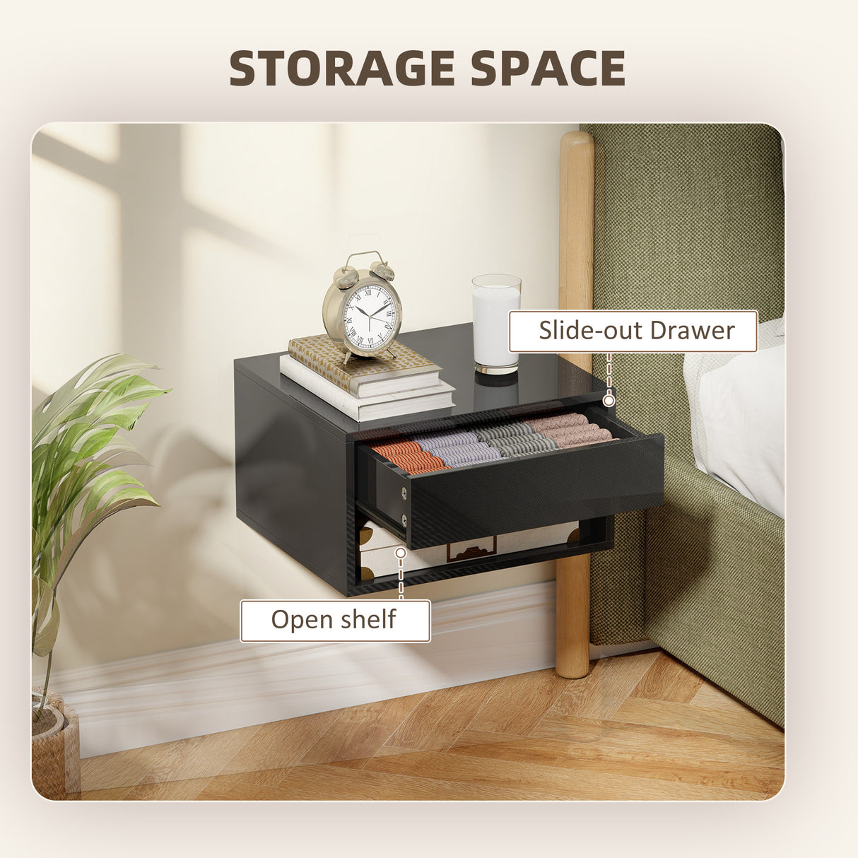 High Gloss Bedside Cabinet 37cm Wide Wall Mounted With 1 Drawer in Set Of 2 - Velmora