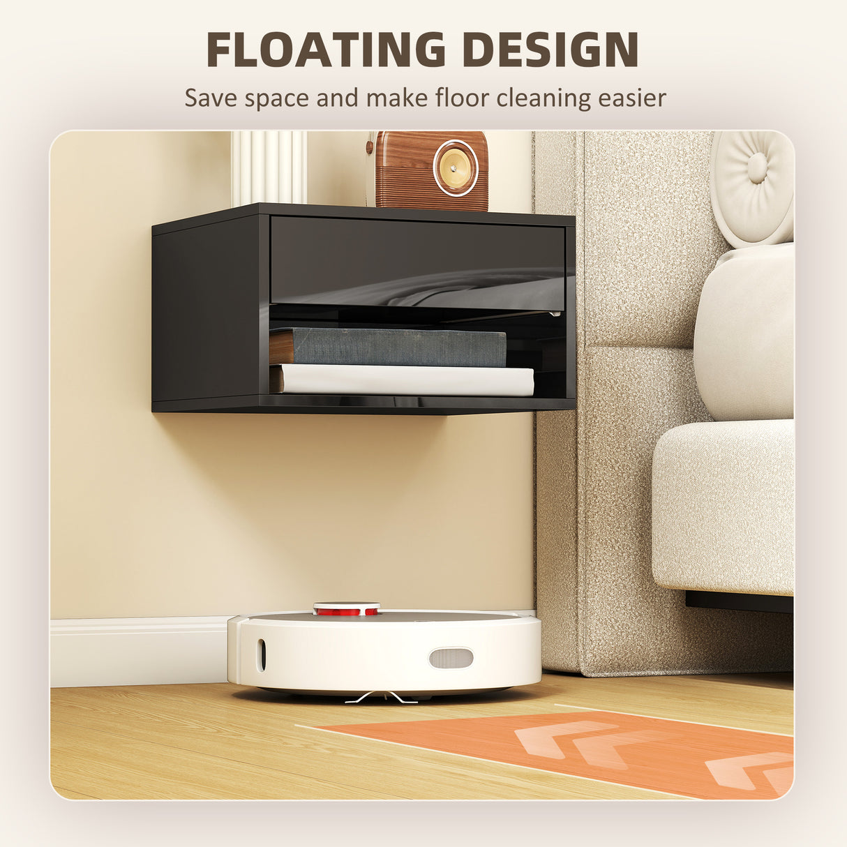 High Gloss Bedside Cabinet 37cm Wide Wall Mounted With 1 Drawer in Set Of 2 - Velmora