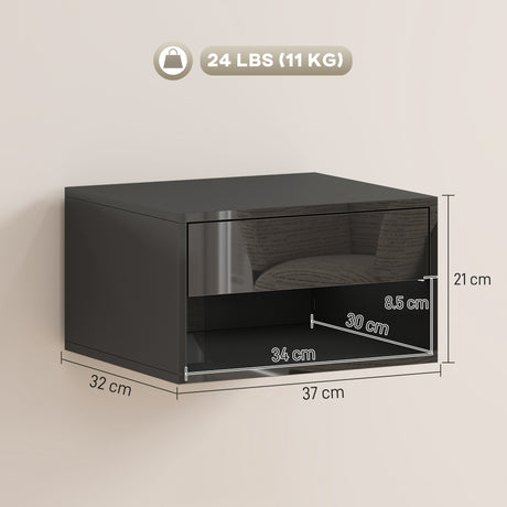 High Gloss Bedside Cabinet 37cm Wide Wall Mounted With 1 Drawer in Set Of 2 - Velmora
