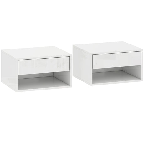 High Gloss Bedside Cabinet 37cm Wide Wall Mounted With 1 Drawer in Set Of 2 - Velmora
