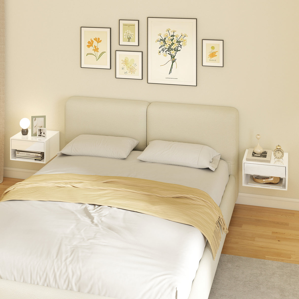 High Gloss Bedside Cabinet 37cm Wide Wall Mounted With 1 Drawer in Set Of 2 - Velmora
