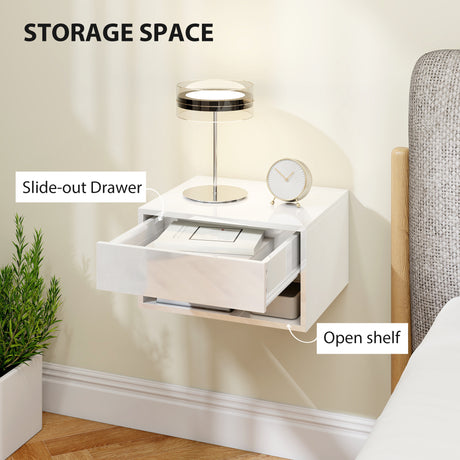 High Gloss Bedside Cabinet 37cm Wide Wall Mounted With 1 Drawer in Set Of 2 - Velmora