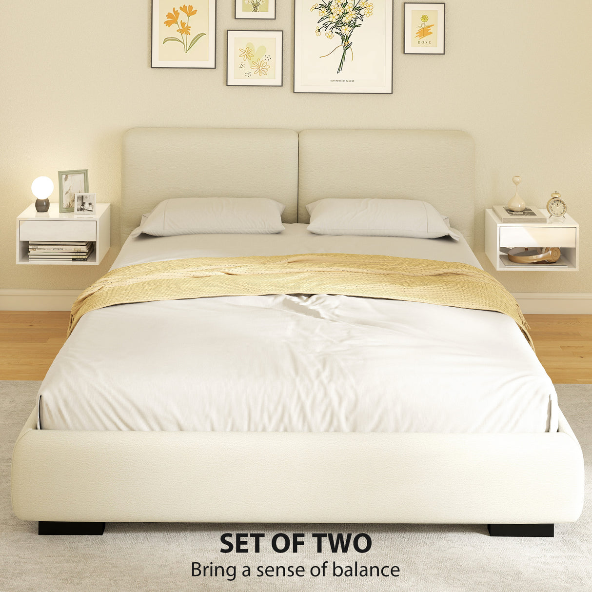 High Gloss Bedside Cabinet 37cm Wide Wall Mounted With 1 Drawer in Set Of 2 - Velmora