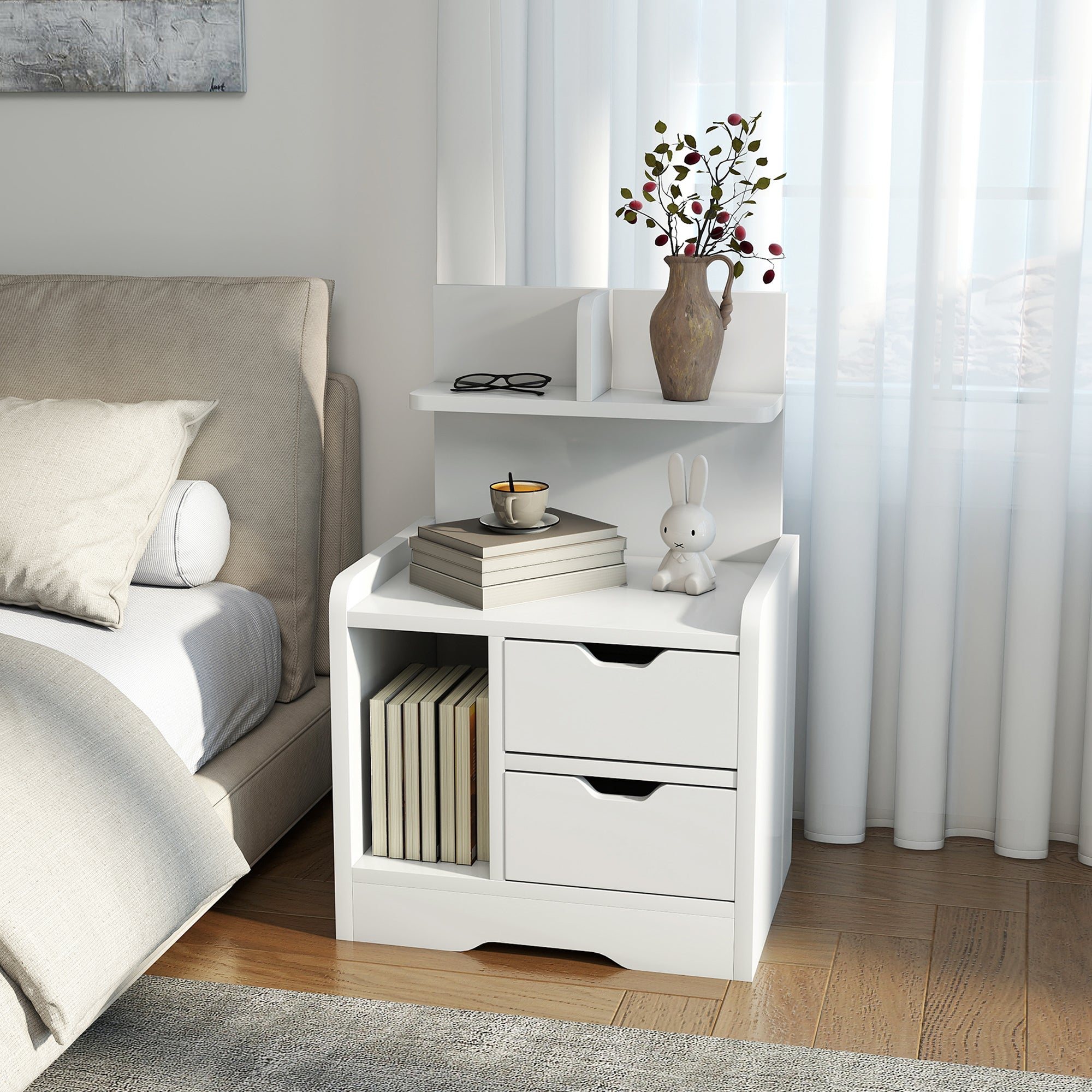 High Gloss Bedside Cabinet 40cm Wide With 2 Drawers And Storage Shelves - Velmora