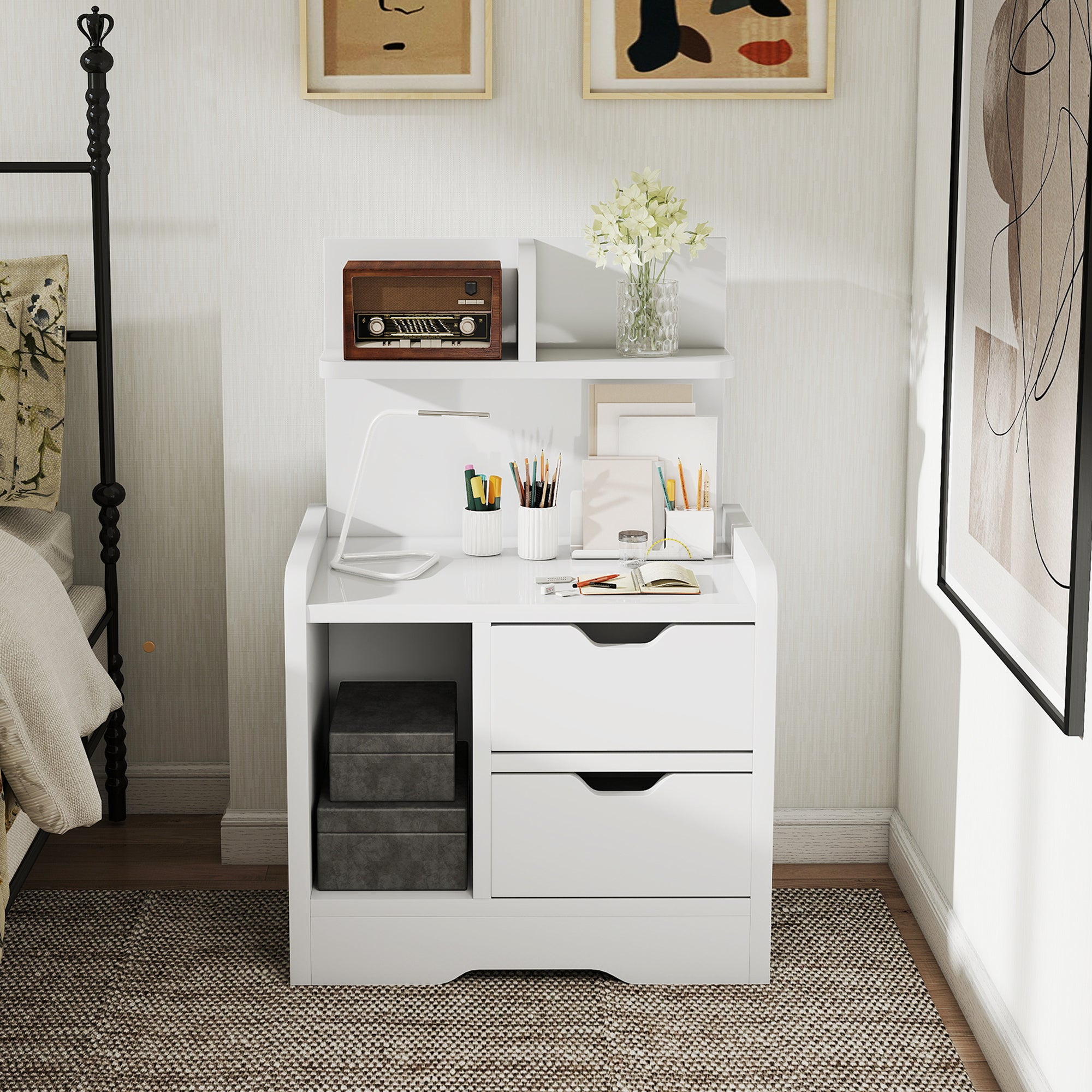 High Gloss Bedside Cabinet 40cm Wide With 2 Drawers And Storage Shelves - Velmora