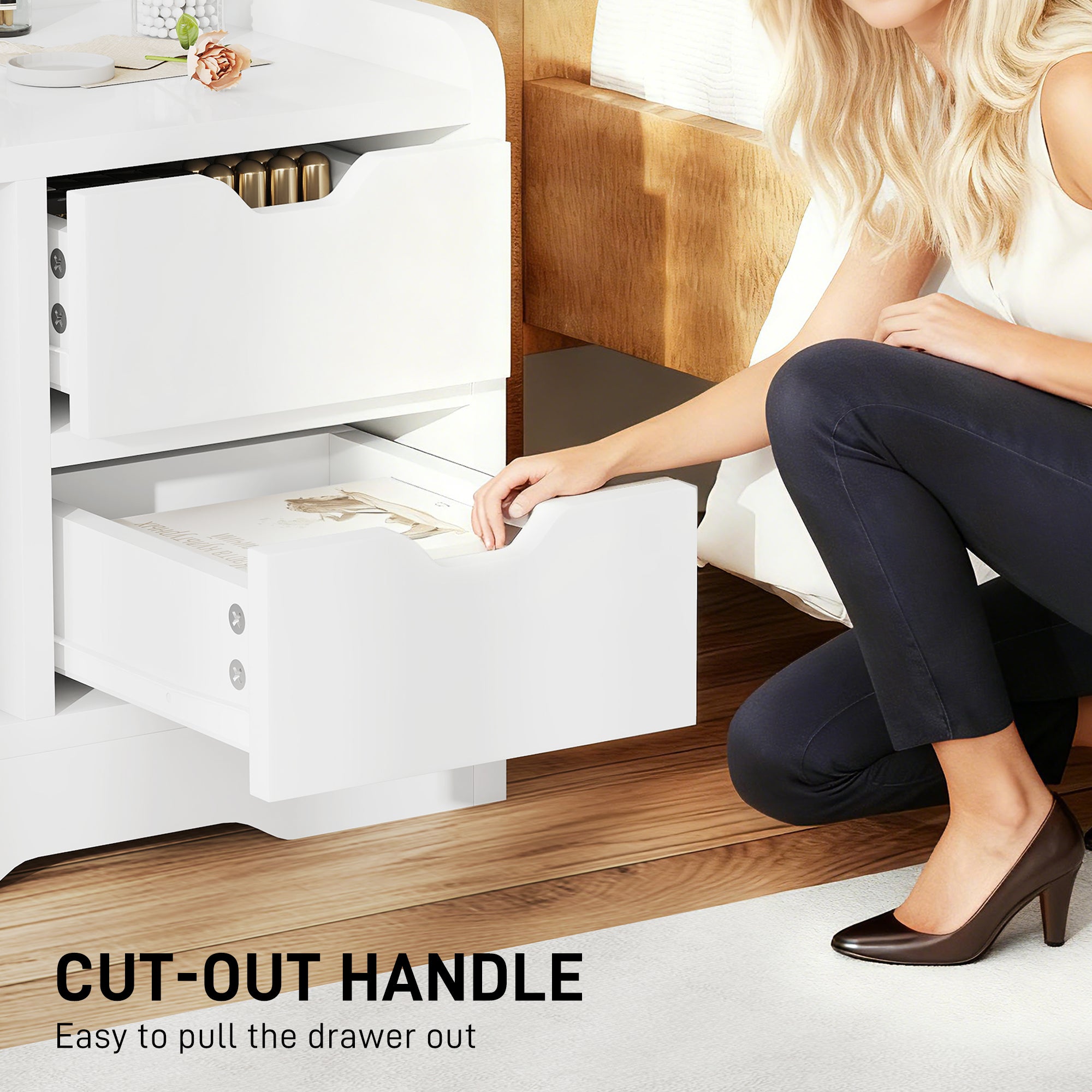 High Gloss Bedside Cabinet 40cm Wide With 2 Drawers And Storage Shelves - Velmora