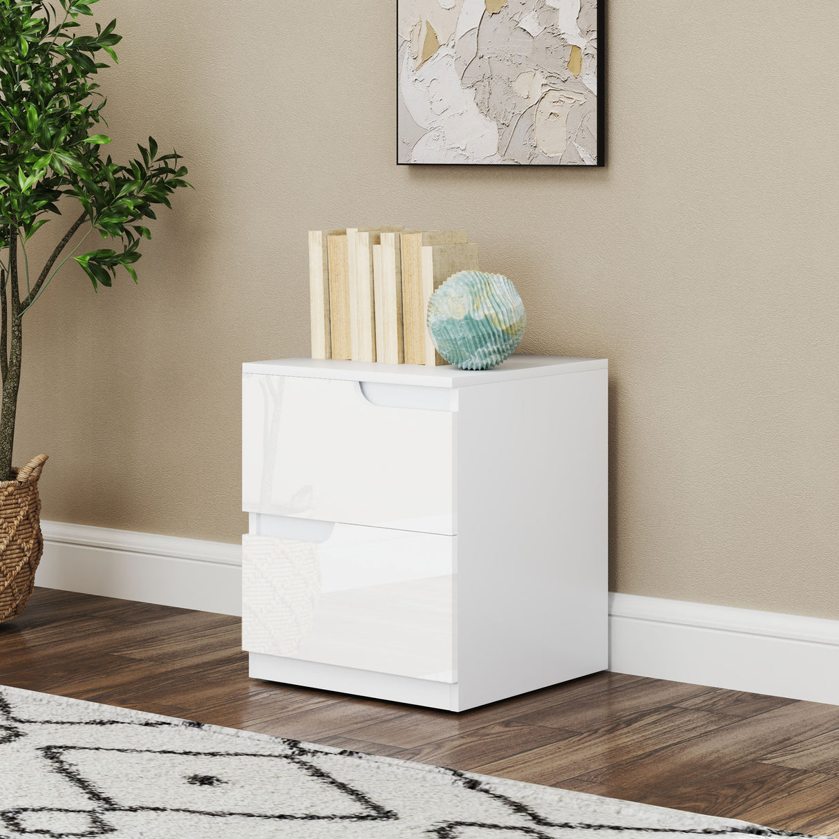 High Gloss Bedside Cabinet 40cm Wide With 2 Drawers in Set Of 2 - Velmora