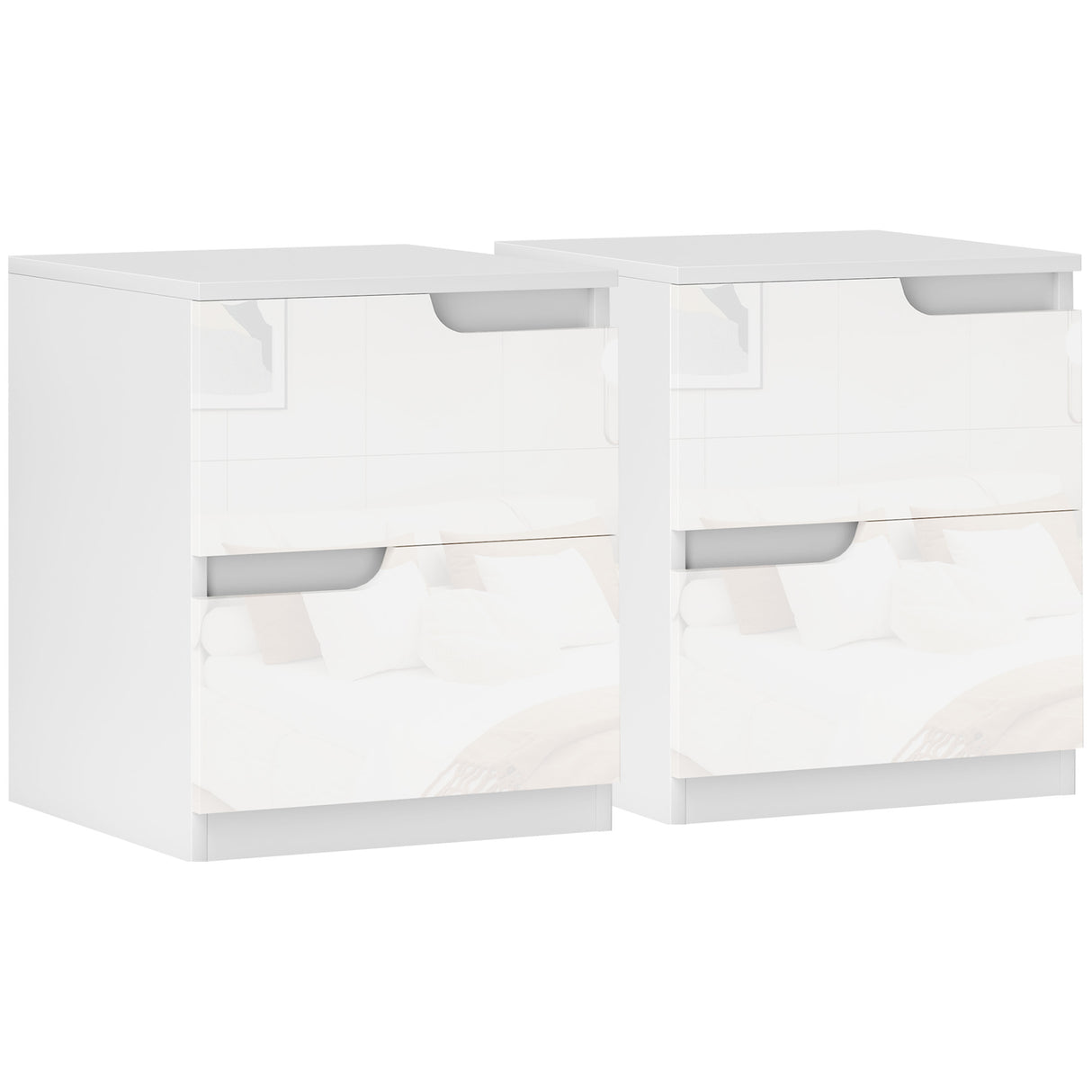 High Gloss Bedside Cabinet 40cm Wide With 2 Drawers in Set Of 2 - Velmora