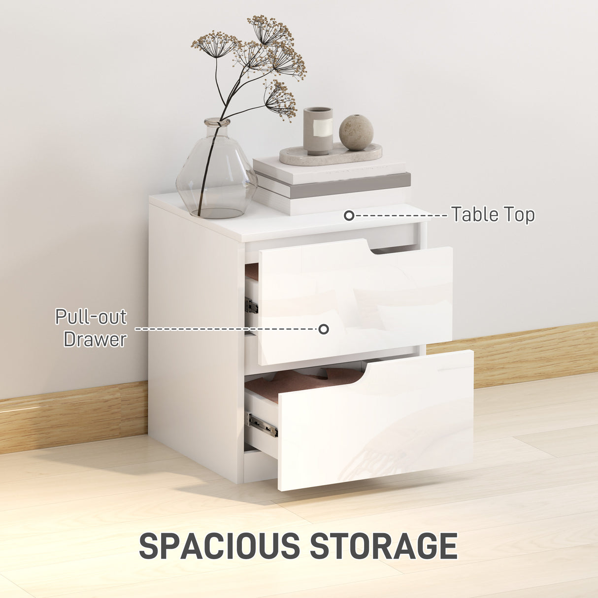 High Gloss Bedside Cabinet 40cm Wide With 2 Drawers - Velmora