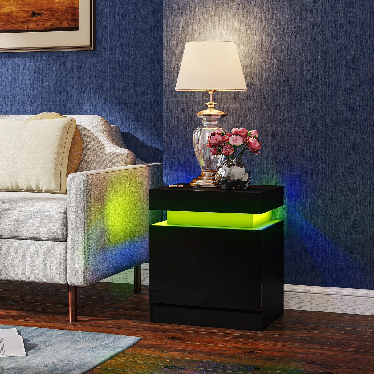 High Gloss Bedside Cabinet 45cm Wide With 2 Drawers And LED Lights in Set Of 2 - Velmora