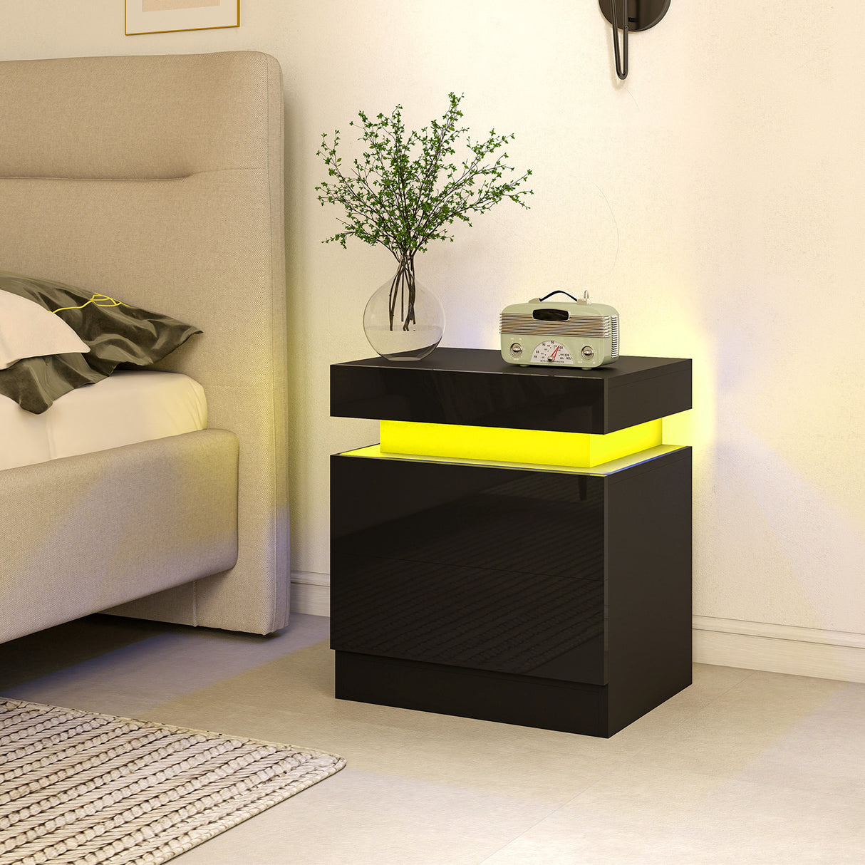 High Gloss Bedside Cabinet 45cm Wide With 2 Drawers And LED Lights in Set Of 2 - Velmora