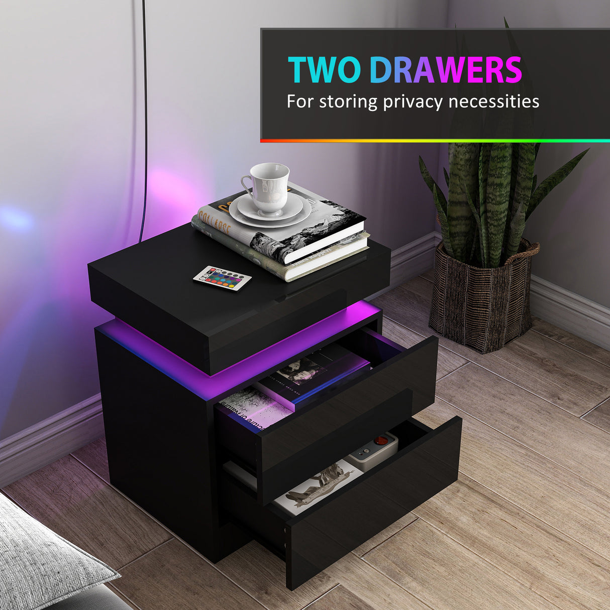 High Gloss Bedside Cabinet 45cm Wide With 2 Drawers And LED Lights in Set Of 2 - Velmora