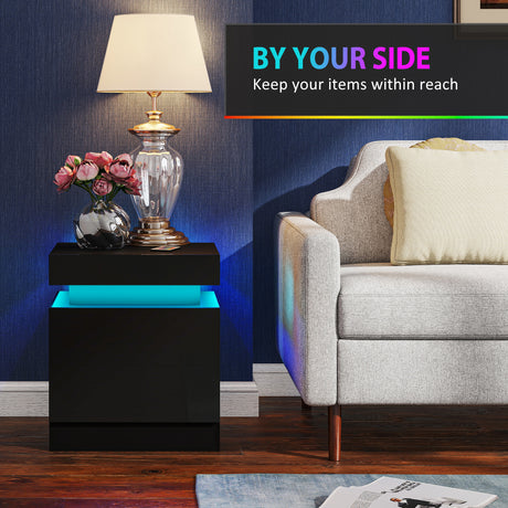 High Gloss Bedside Cabinet 45cm Wide With 2 Drawers And LED Lights in Set Of 2 - Velmora