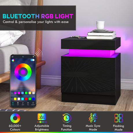 High Gloss Bedside Cabinet 45cm Wide With 2 Drawers And LED Lights in Set Of 2 - Velmora