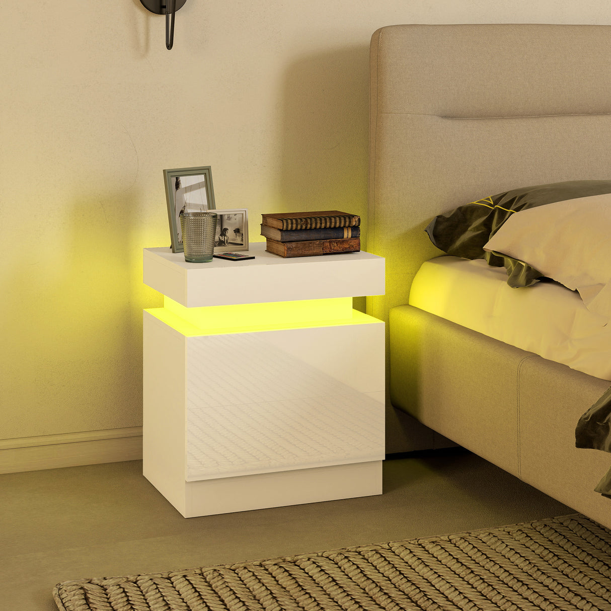 High Gloss Bedside Cabinet 45cm Wide With 2 Drawers And LED Lights in Set Of 2 - Velmora
