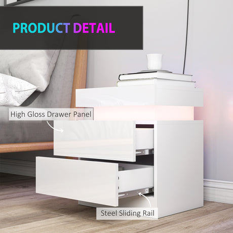 High Gloss Bedside Cabinet 45cm Wide With 2 Drawers And LED Lights in Set Of 2 - Velmora