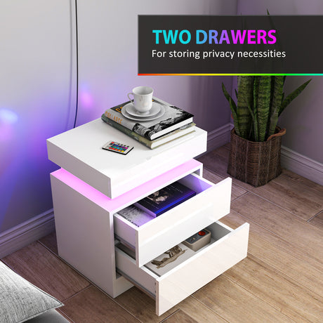 High Gloss Bedside Cabinet 45cm Wide With 2 Drawers And LED Lights in Set Of 2 - Velmora