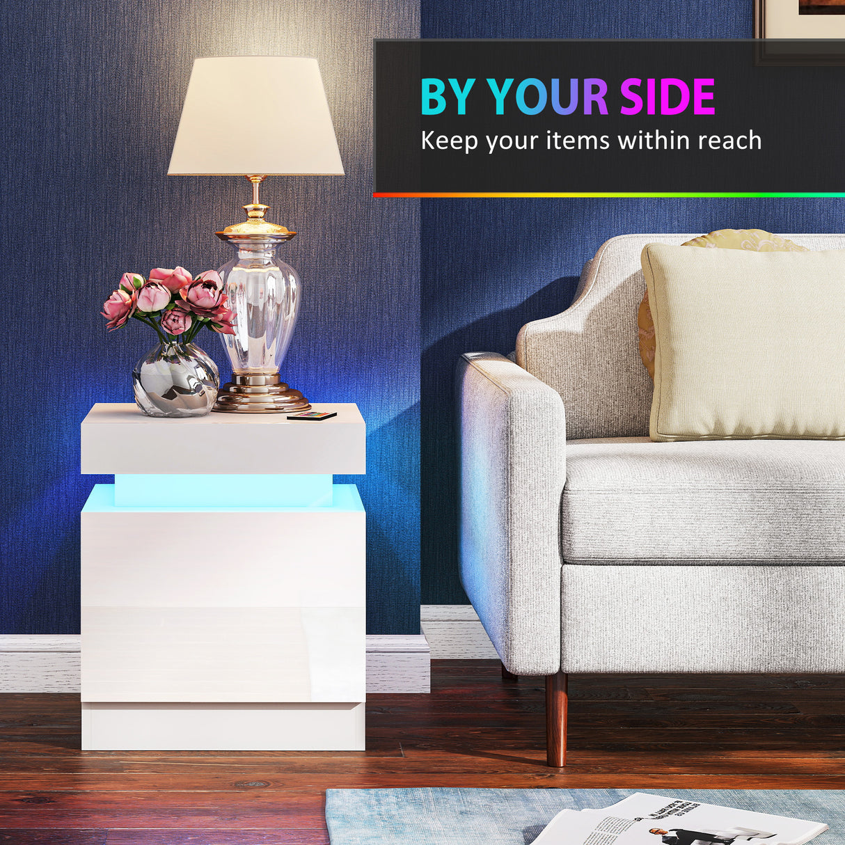 High Gloss Bedside Cabinet 45cm Wide With 2 Drawers And LED Lights in Set Of 2 - Velmora