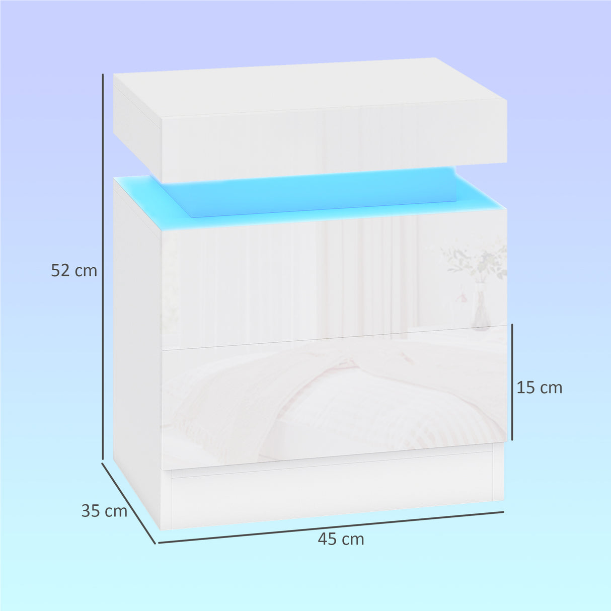High Gloss Bedside Cabinet 45cm Wide With 2 Drawers And LED Lights in Set Of 2 - Velmora