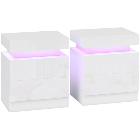 High Gloss Bedside Cabinet 45cm Wide With 2 Drawers And LED Lights in Set Of 2 - Velmora