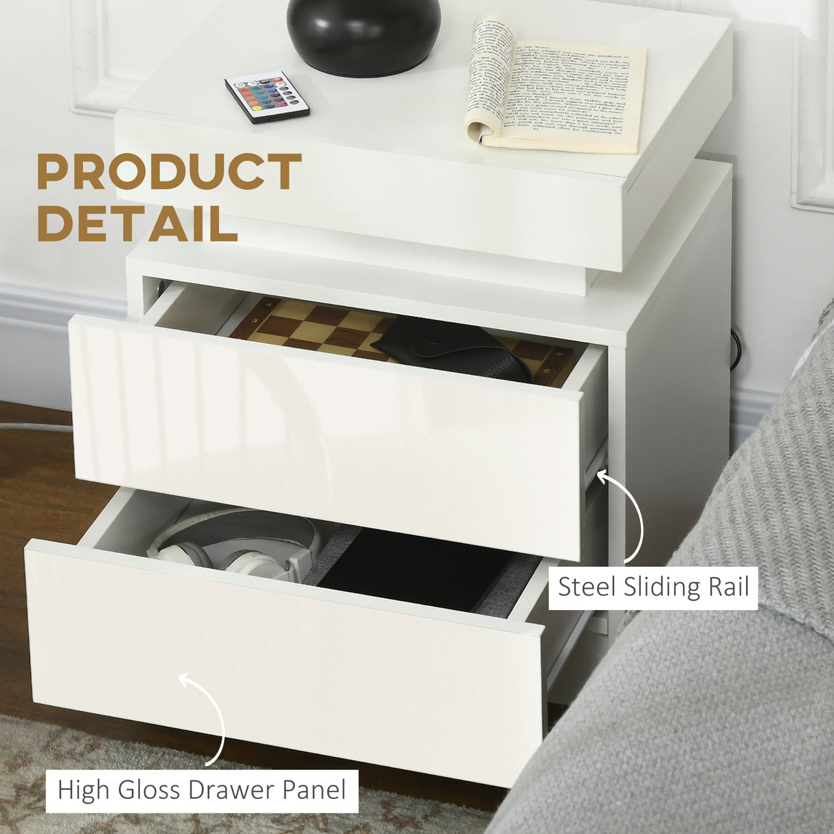 High Gloss Bedside Cabinet 45cm Wide With 2 Drawers And LED Lights - Velmora