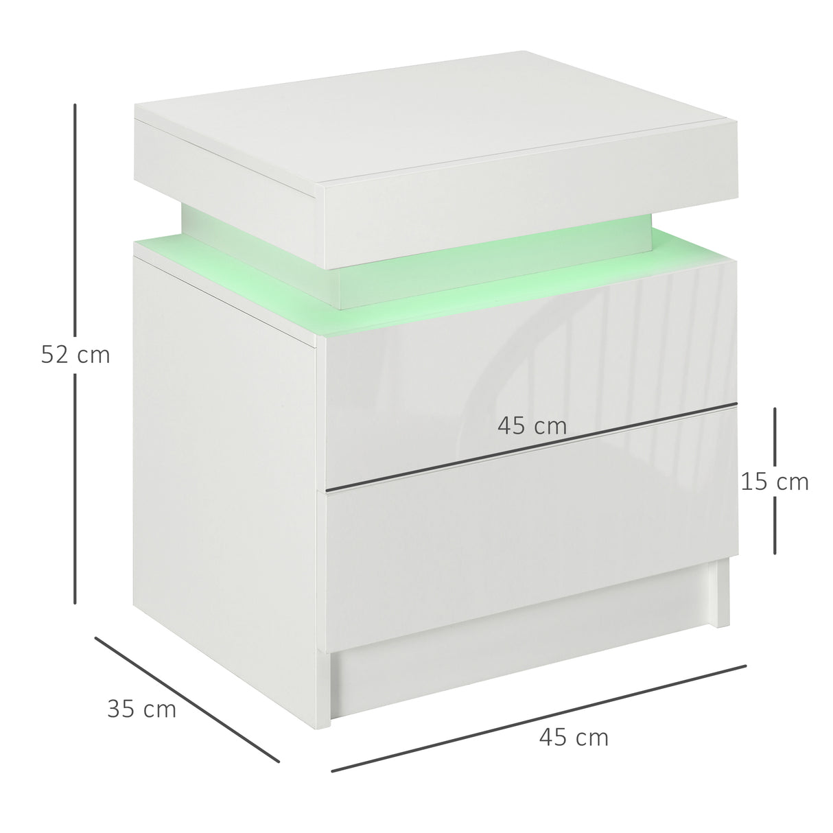 High Gloss Bedside Cabinet 45cm Wide With 2 Drawers And LED Lights - Velmora
