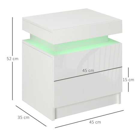 High Gloss Bedside Cabinet 45cm Wide With 2 Drawers And LED Lights - Velmora
