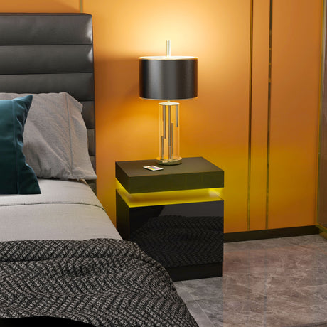 High Gloss Bedside Cabinet 45cm Wide With 2 Drawers And LED Lights - Velmora